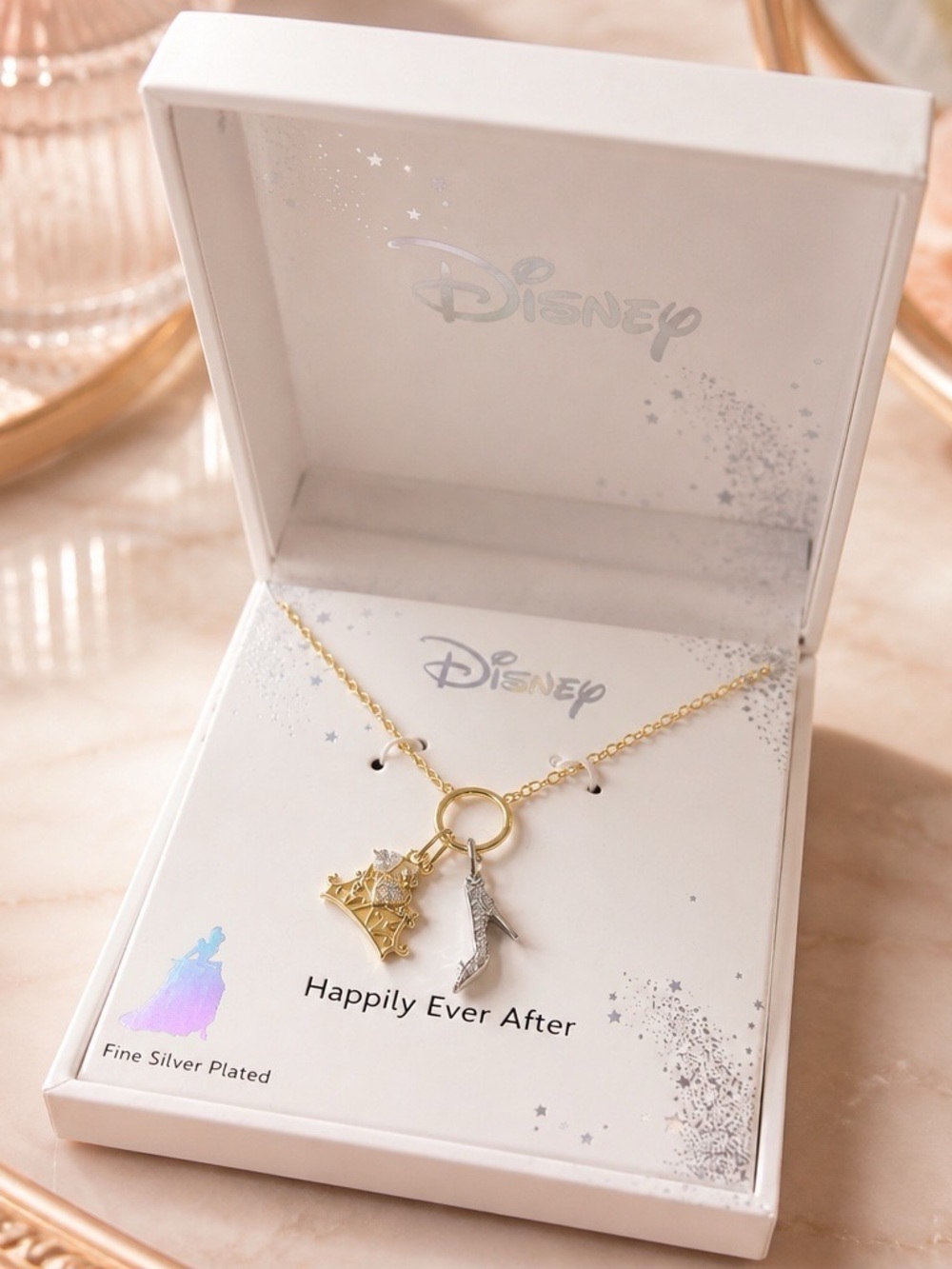 Disney Gold and Silver Cinderella Castle & Glass Slipper Necklace